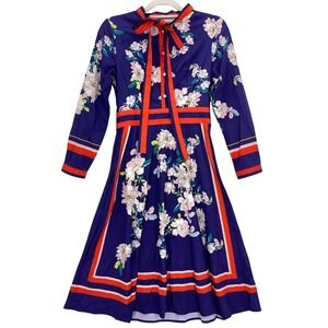 Navy Blue Floral Bow Tie Neck Long Sleeve Dress M Striped Trim Retro Mod